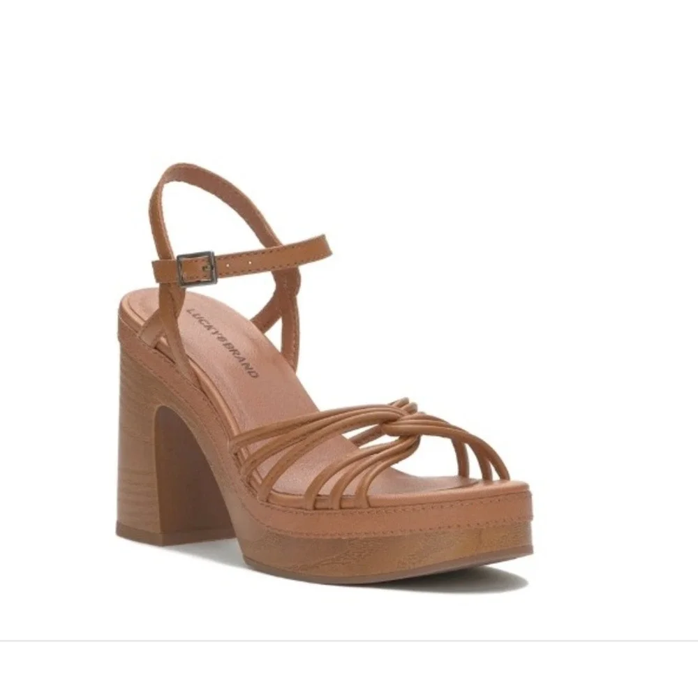NEW Lucky Brand Cognac Leather Platform Block Heel Ankle Strap Sandals 9.5‎